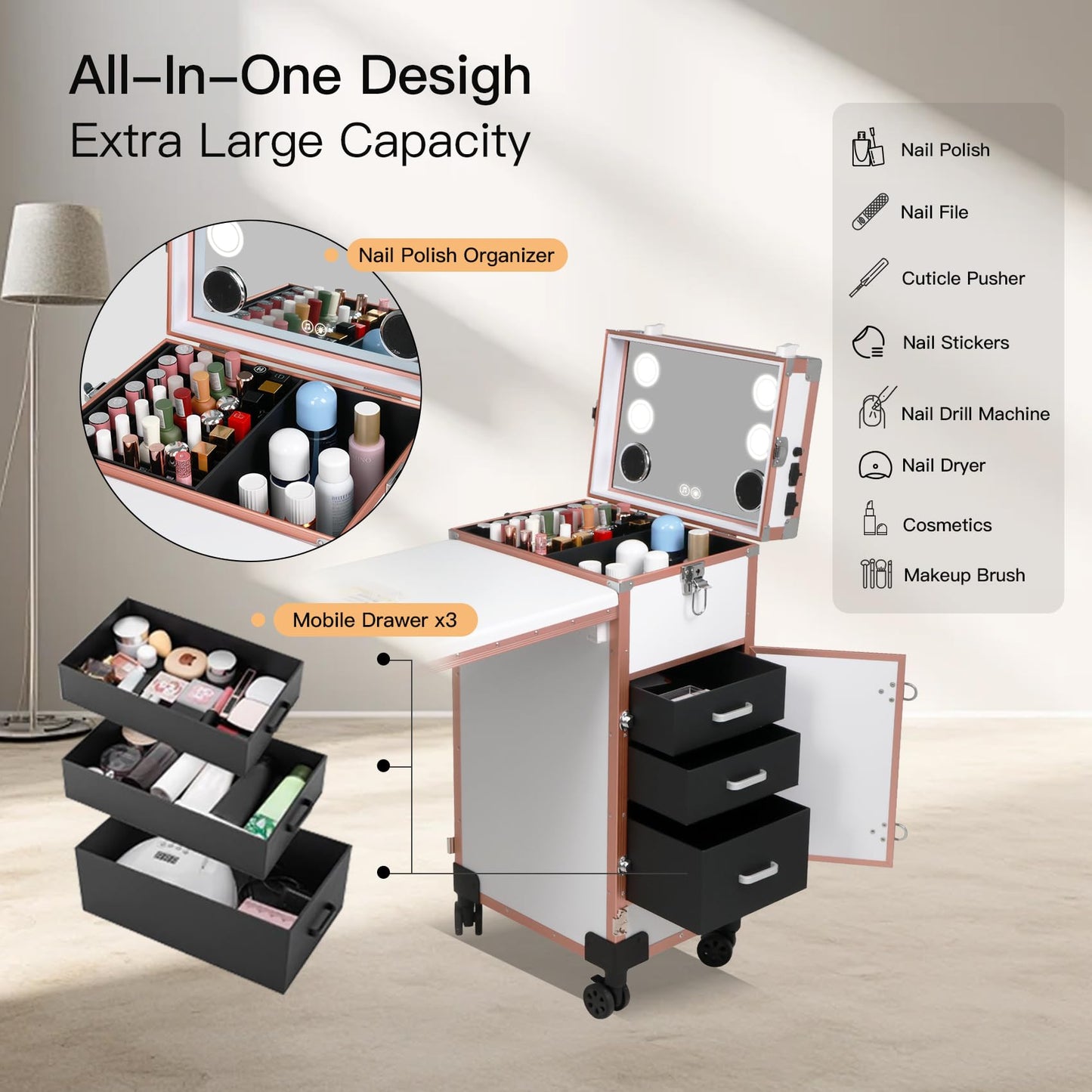 Rolling Portable Manicure Table with 3 Drawers, Lockable Makeup Train Case with Mirror & Nail Polish Organizer, Foldable Nail Desk with Wheels & Handle for Mobile Nail Techs & Salon Use,White