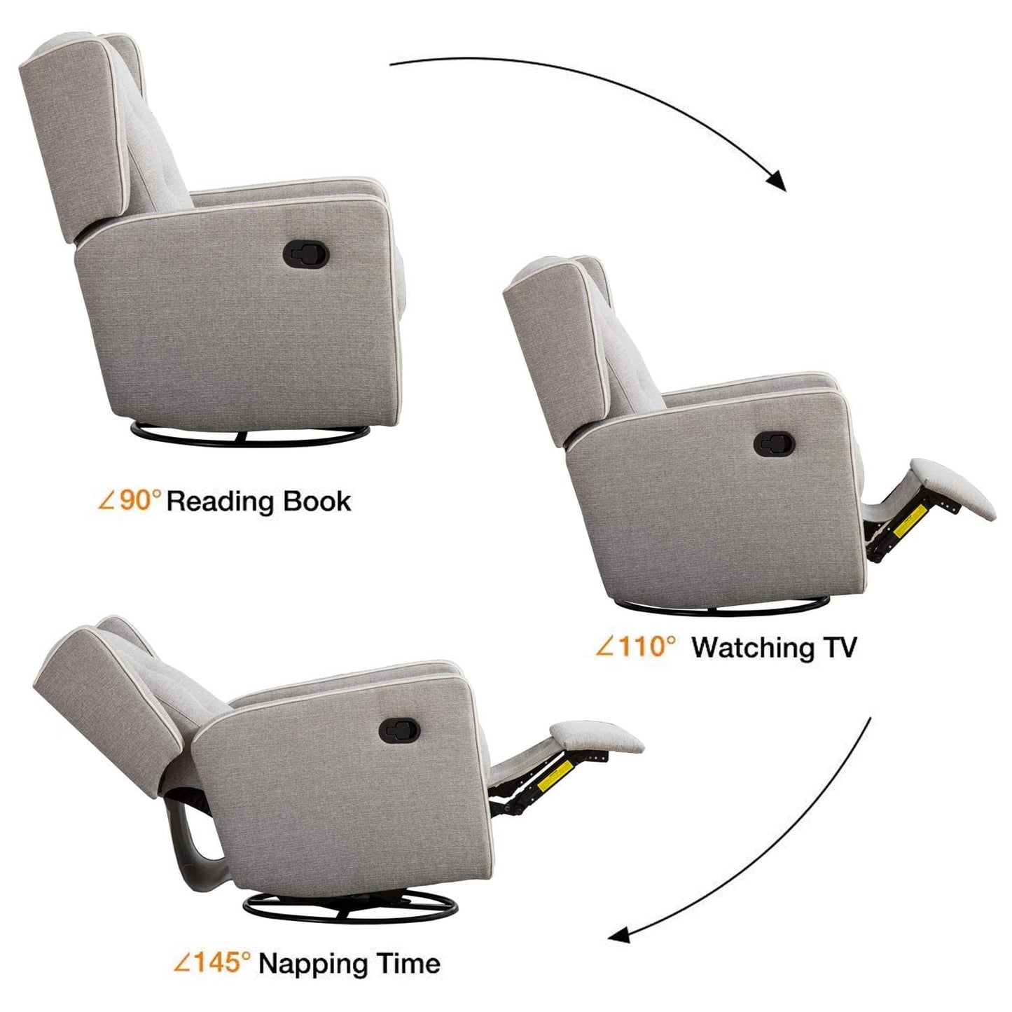 CANMOV Swivel Rocker Recliner Chair, Nursery Glider Chair, Nursery Rocking Chairs, Manual Reclining Chair, Grey