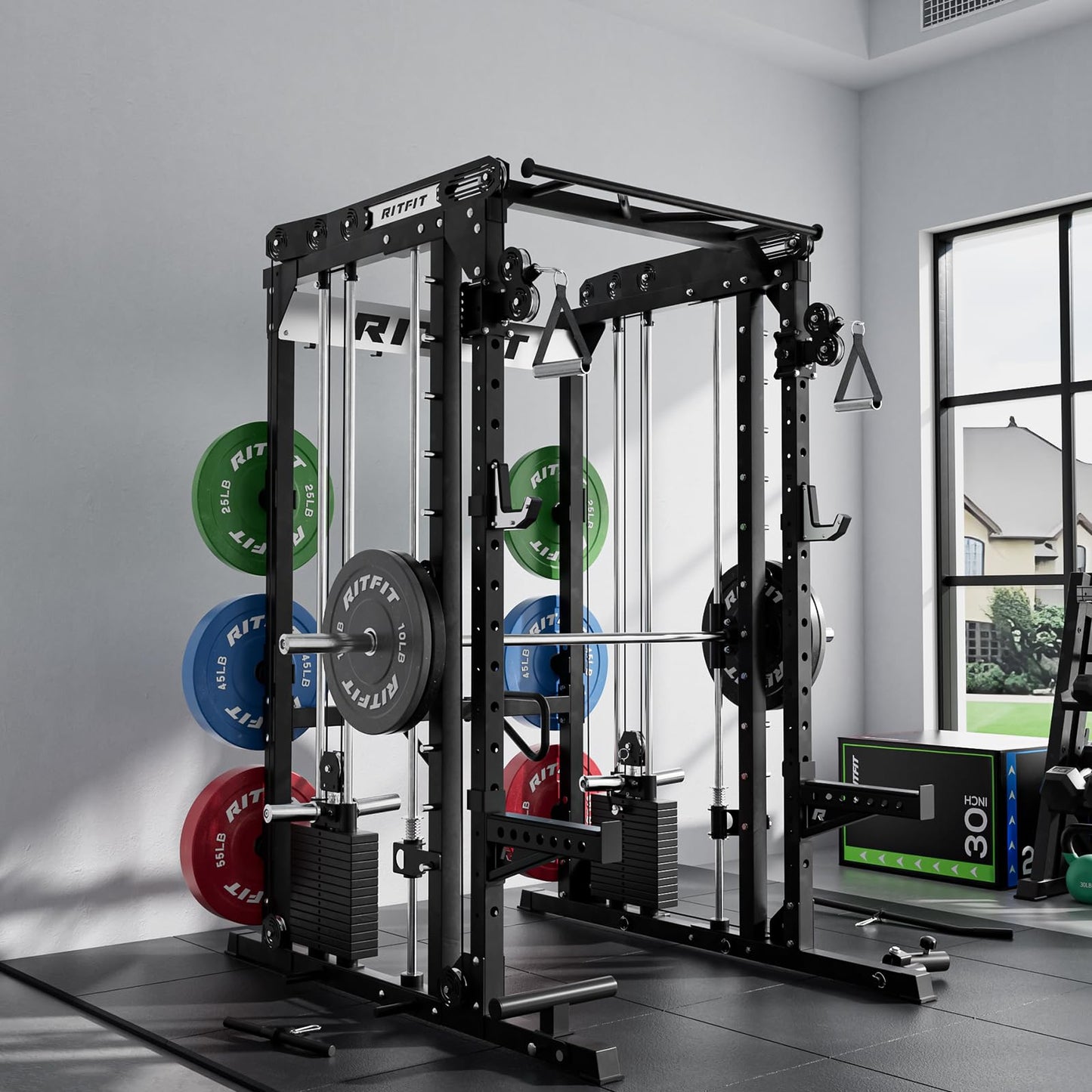 RitFit M2 Smith Machine with Cable Crossover System, 3D Functional Trainer & Power Cage, 16 Adjustment Holes, 6 Storage Pegs for Full-Body Home Gym(M2 Pro Black)
