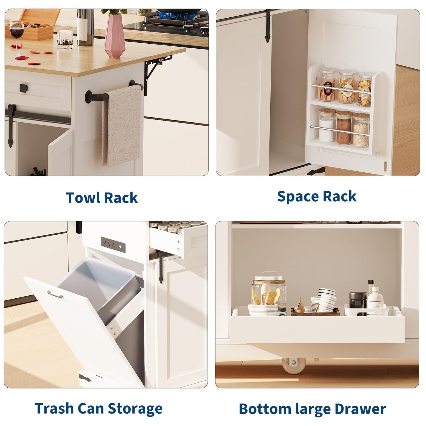 Large Rolling Kitchen Island with Power Outlet, Mobile Kitchen Cart on Wheels with Drop Leaf, 3 Drawers, Trash Can Storage, Spice Rack, Towel Holder, Kitchen Island Table for Dining Room, Home, White