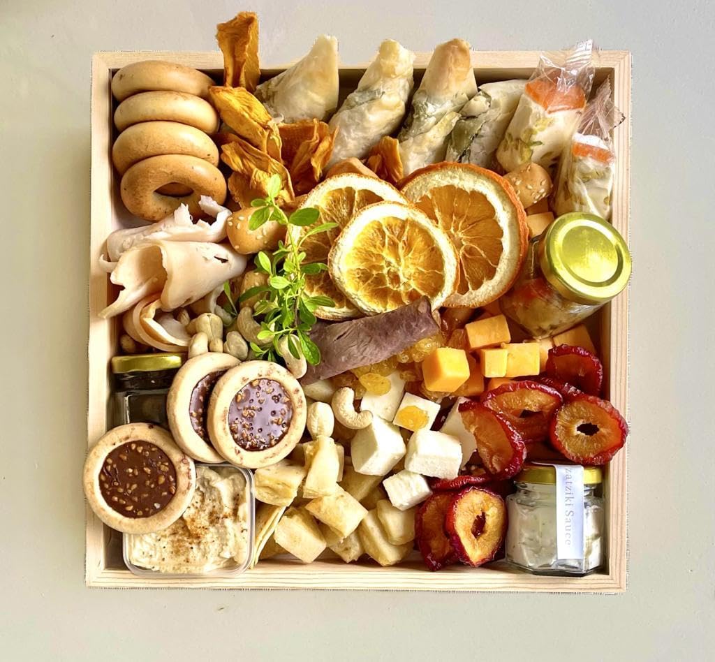 Mediterranean Charcuterie Board Fully Assorted with Breads, Cheeses, Meats, Olives, Dips (Large Board 18x14)
