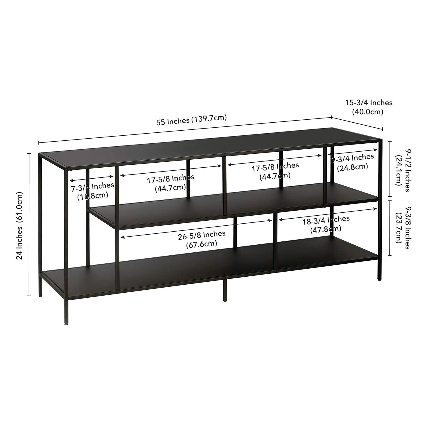 Henn&Hart TV Stand for TVs up to 60" with Metal Top and 2 Open Display Metal Shelves for Living Room, Family Room, or Office, Black