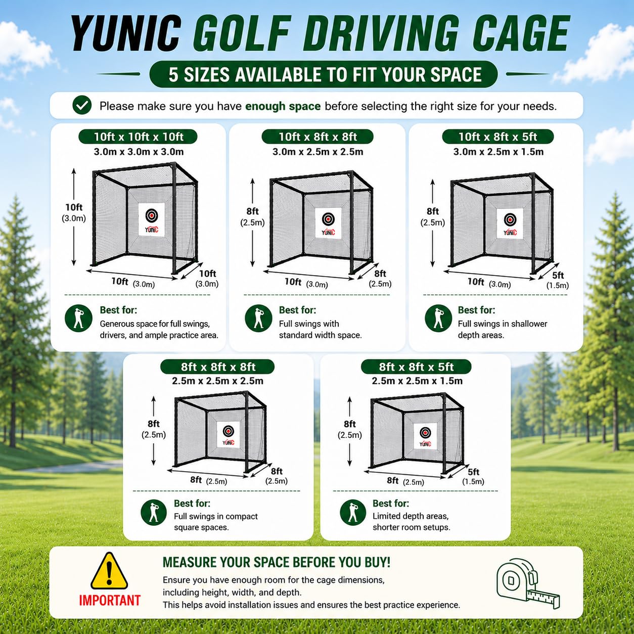 YUNIC Golf Driving Cage with Steel Frame, Golf Nets for Backyard Driving for Full Swing and Chipping Practice Indoor Outdoor (Black, 10'(W) x10'(H) x10'(D))