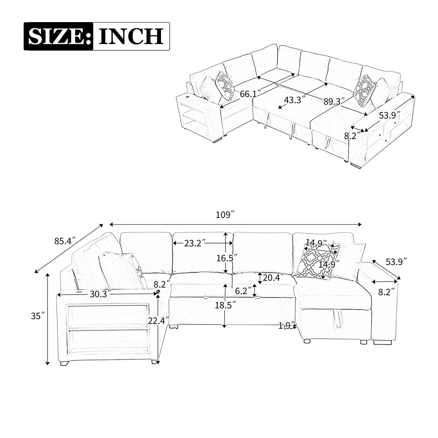 109-Inch U-Shaped Sleeper Sectional Sofa with Pull Out Sleeper Couch Bed for Living Room, Chenille Upholstered U-Shaped Corner Sleeping Sofabed W/Storage Chaise, USB Ports