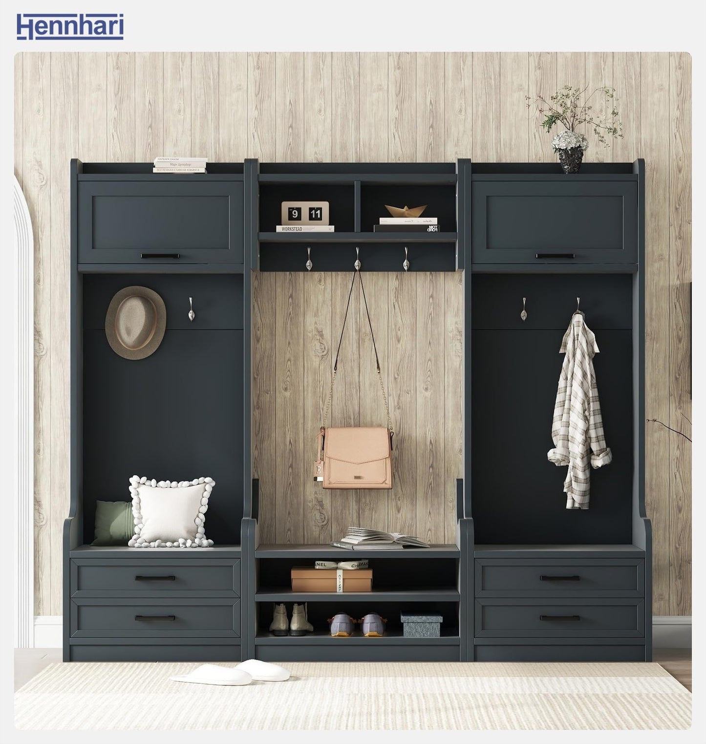 Hennhari 4-in-1 Detachable Entryway Hall Tree with Shoe Storage Bench, Mudroom Coat Rack with Drawers, Open Shelves and Hooks, Entryway Storage Cabinet for Hallway, Foyer (Antique Blue)