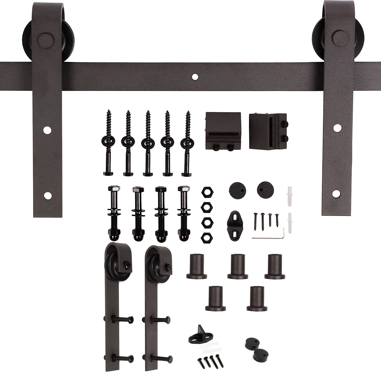 K Series 72in x 84in (36in x 84in x 2 Panels) Brown/Walnut Finished Solid Wood Double Sliding Barn Door with Hardware Track - Assembly Needed