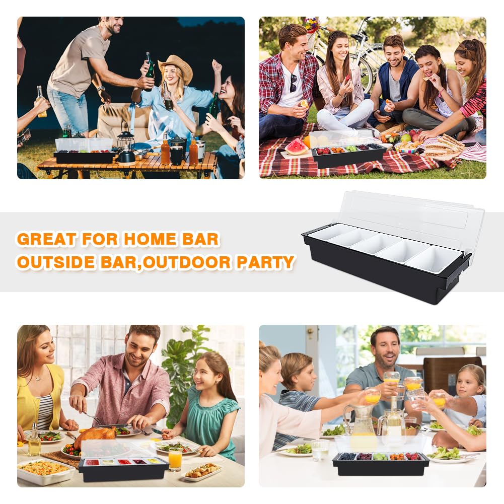 ZXXSFM Condiment Garnish Tray Caddy For Bartenders,Bar Garnish Fruit Caddy With Lid,Plastic Condiment Container For Bartending,Outside Parties (5 Compartment)