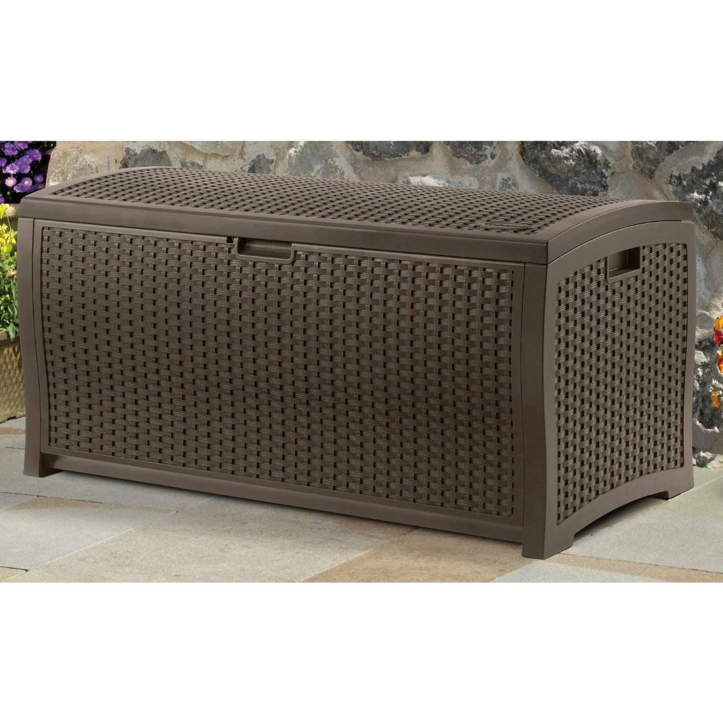 Suncast 99 Gallon Plastic Wicker Deck Box Container Storage for Garden, Garage, Home, Pool, Indoor and Outdoor Use, Mocha (2 Pack)