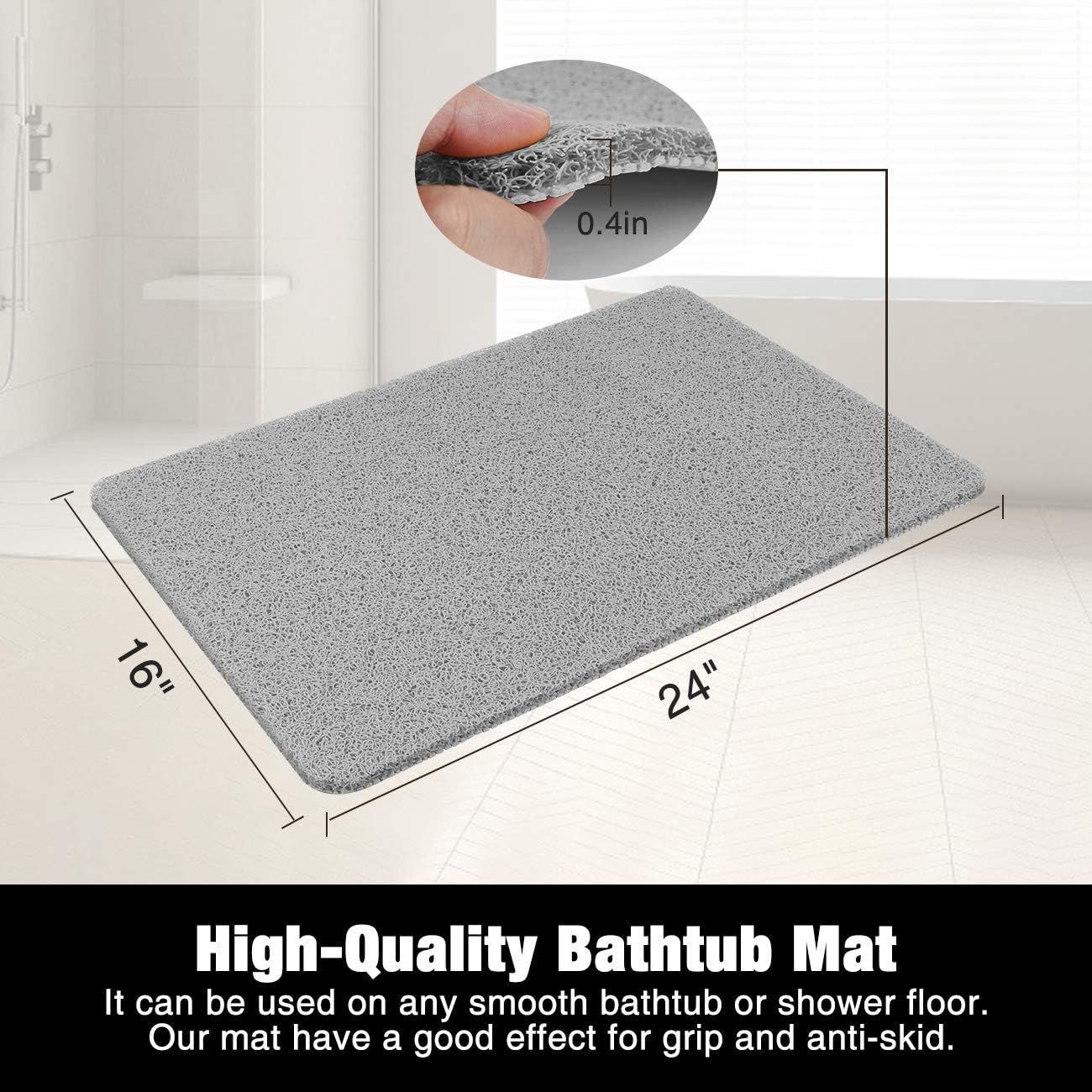 MAPLEZ Non-Slip Bath Mat for Tub, Quick Drying Shower Mat for Wet Areas, 24"x16", Grey