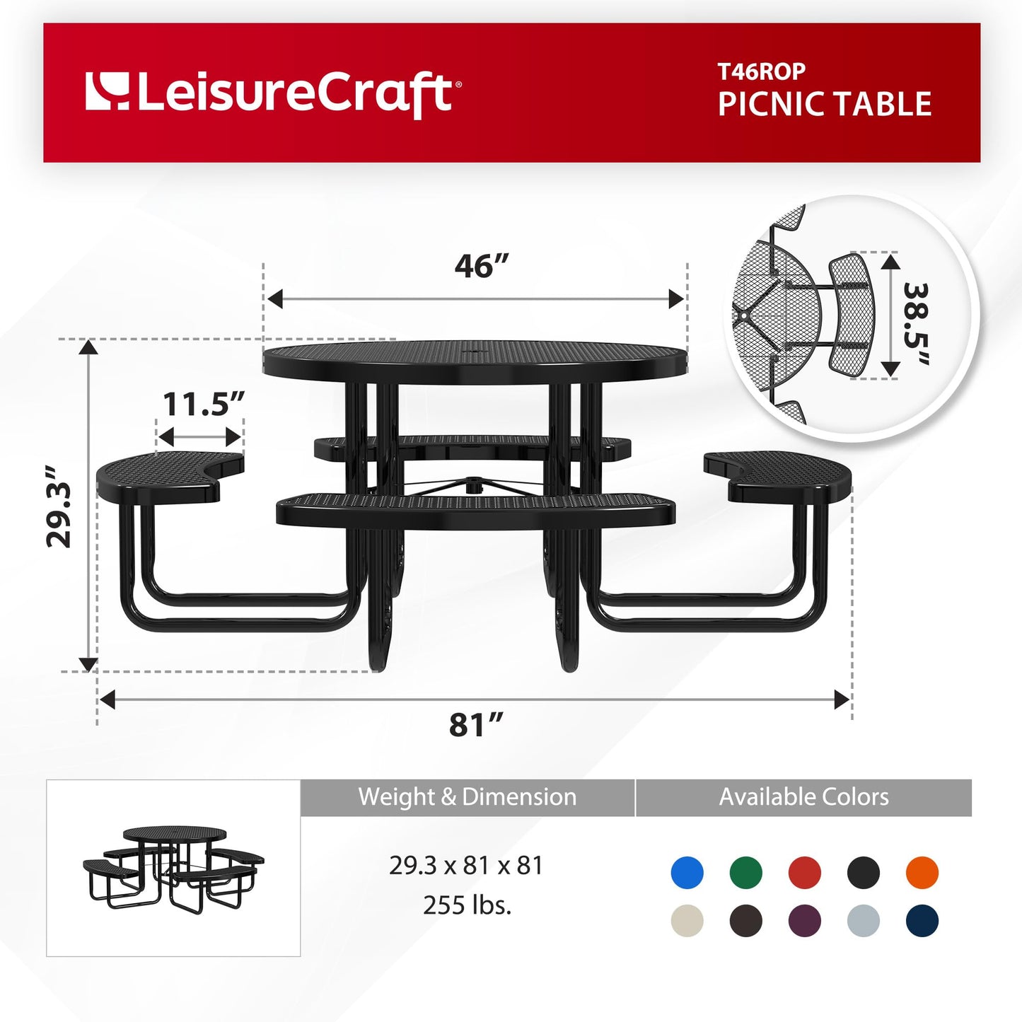 Leisure Craft Metal Picnic Table with Bench - 46" Round Outdoor Dining Table for 8 with Umbrella Hole, Weatherproof Heavy Duty Thermoplastic Coating, Commercial Grade Furniture Made in USA - Black