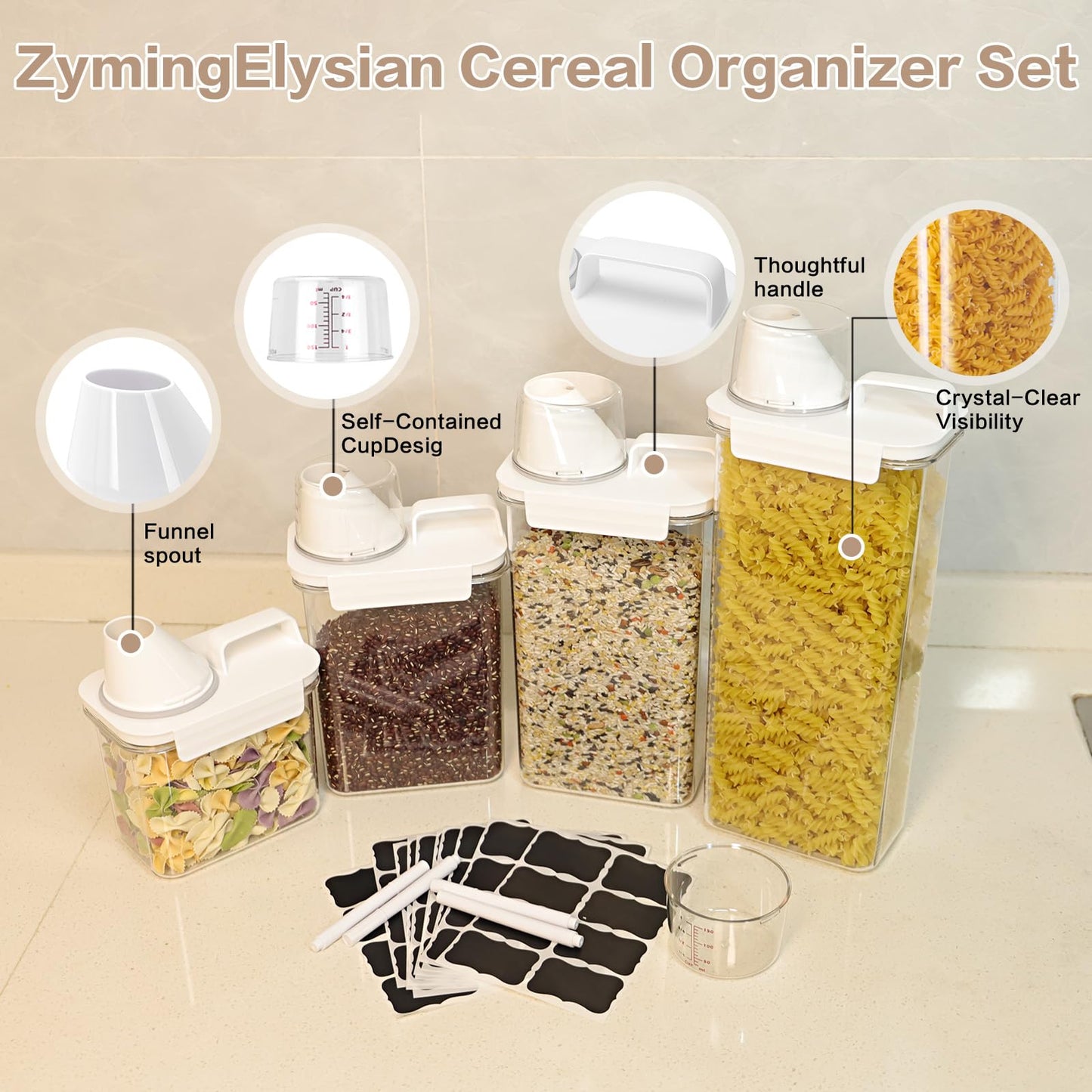 Air Tight Cereal Container Organizer Set of 6 - 1800ML & 2300ML Total 417oz, Dry Food Storage for Pet Food, Rice, Oatmeal with Pour Spout Lid and Plastic Small Measuring Cup for Flour and Sugar