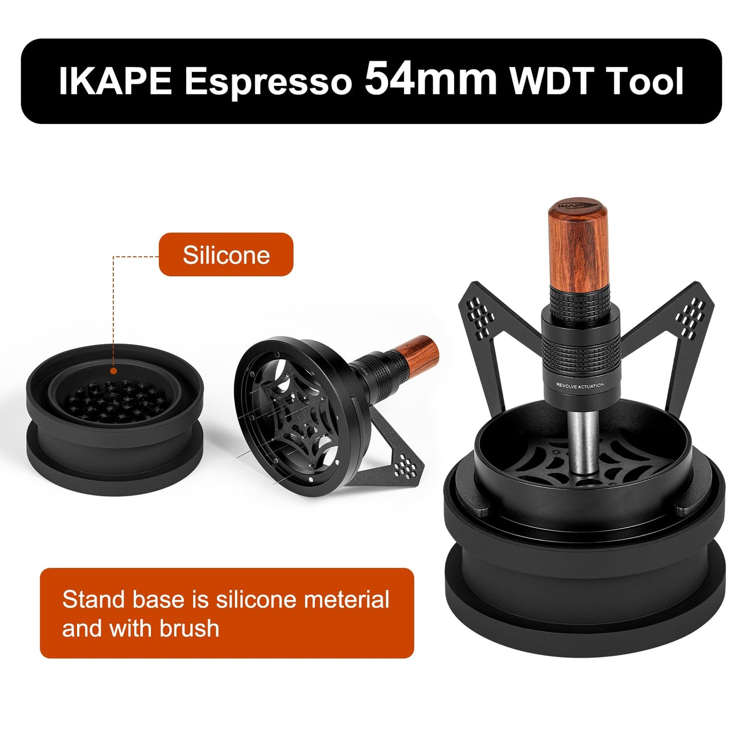 IKAPE Mantis WDT Distribution Tool with Clean Brush, V1-54mm Espresso Stirrer for Barista - 10 Needle Espresso Stirrer with Dosing Funnel & Stand, Adjustable Needle Height, Walnut Handle