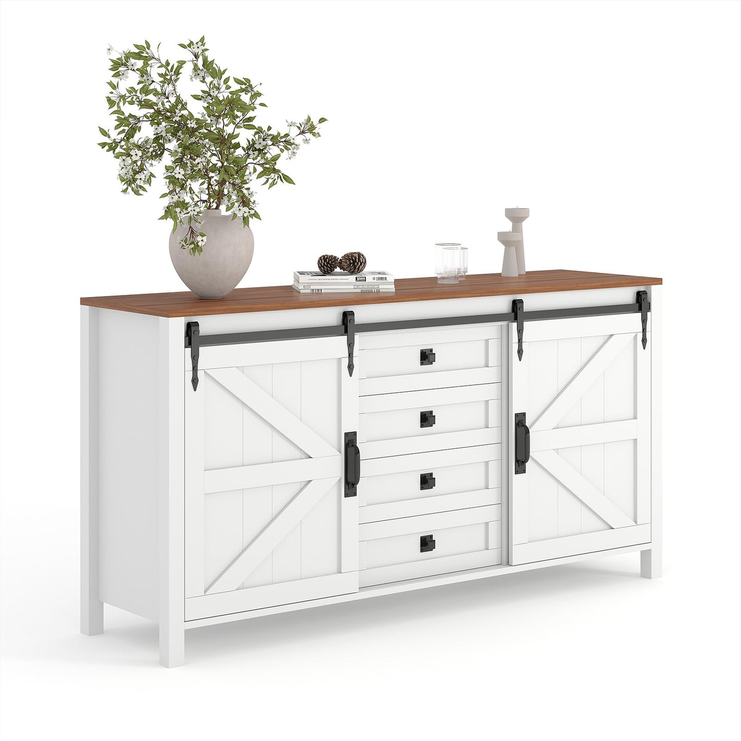 Garvee Farmhouse Sideboard Buffet Cabinet with Sliding Barn Doors & 4 Drawers, 60" Rustic Wood Kitchen Coffee Bar Storage Cabinet for Dining Room Living Room, TV Stand & Console Table