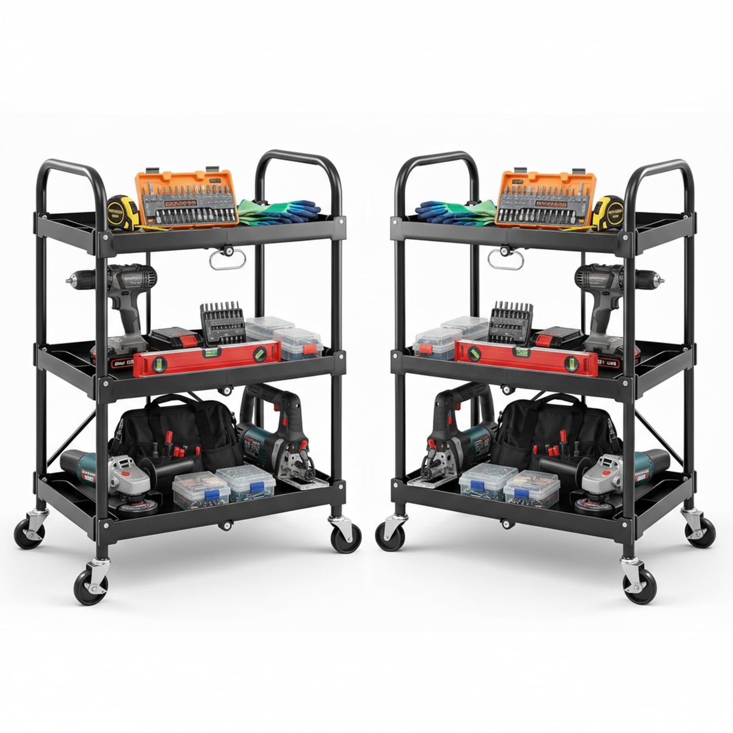 DUMOS 3-Tier Folding Utility Cart Set of 2, Collapsible Service Cart with 4 Swivel Wheels and Brakes, 120LBS Capacity & Collapsible Storage Rolling Cart for Kitchen, Office, Garden, Garage, Pure Black