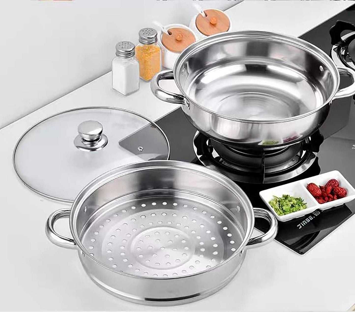 2-Tier 28cm 304 Stainless Steel Steamer Pot with Glass Lid,for Dumplings, Seafood, Veggie Stews & Homemade Soups