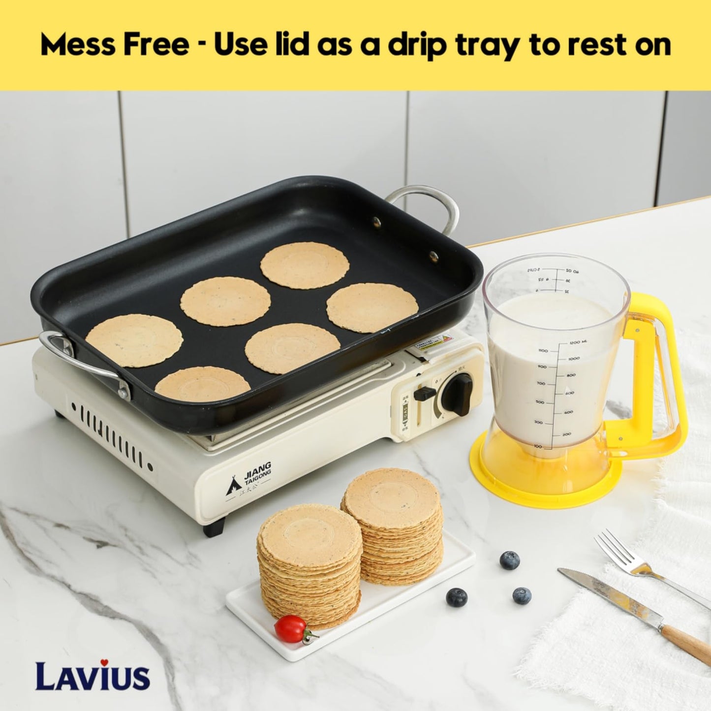 Lavius Pancake Batter Dispenser 5-Cup Batter Pourer for Maker Pancakes, Waffles, Crepes, Muffins, Cupcakes, Easy Squeeze Grip Handle with Proof Nozzle, Precise Baking Tools(Yellow)