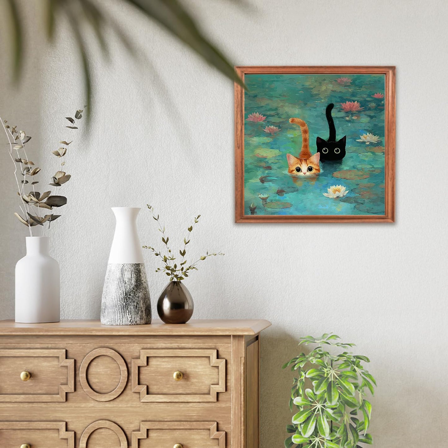 RLTXBUK Whimsical Black Orange Cat Diamond Art Kits, Monet Inspired Water Lilies Kitten Gem Diamond Painting Art Kits for Adults Beginners, Cat Mom Lovers Lady Gifts for Women 11.8x11.8 Inch