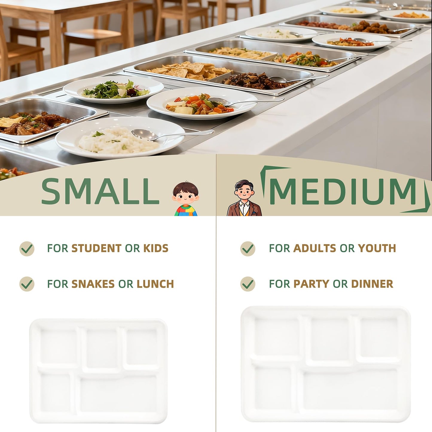 WELLIFE 100% Compostable 5 Compartment Paper Plates, 100 Pack Disposable School Lunch Trays Divided Plates for Adult Youth, 12.5 * 8.6 inch Heavy Duty Eco-Friendly Bagasse Plate for Buffet and Party