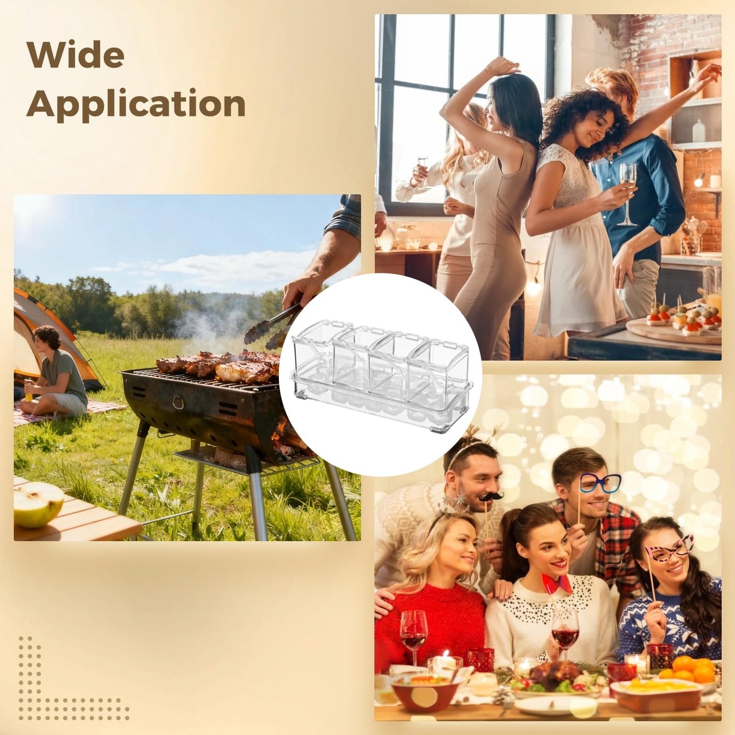 2 Pcs Ice Chilled Condiment Caddy, 4-Compartment Seasoning Box, Includes Base, 4 Spoons, 20 Reusable Ice Cubes, Clear PS, 3.9 x 10 x 3 in, Condiment Server With Lids for Taco Bar, Parties