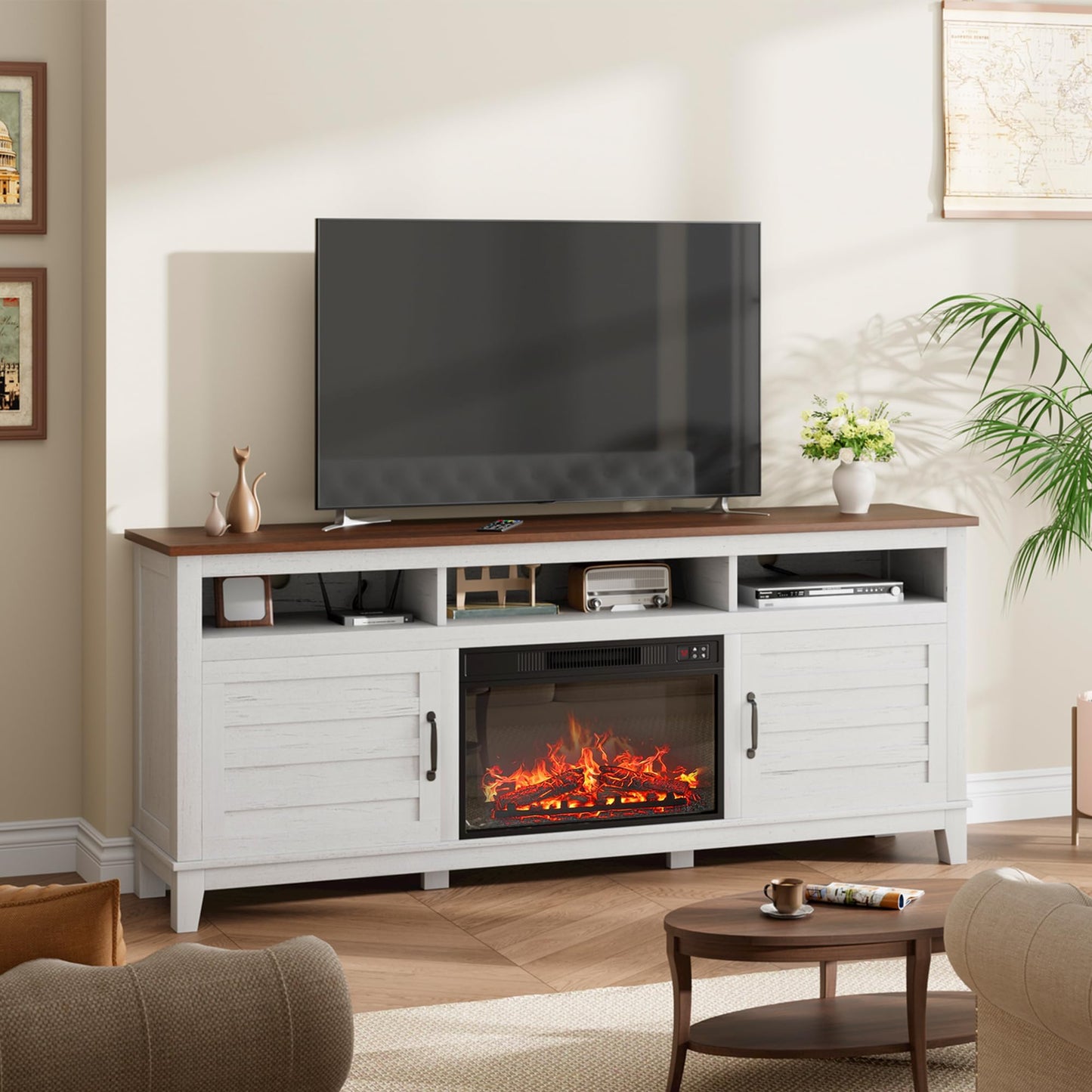 GarveeHome TV Stand with Electric Fireplace, Fireplace Entertainment Center, Farmhouse TV Stand with Cabinet Doors,for Living Room, Bedroom