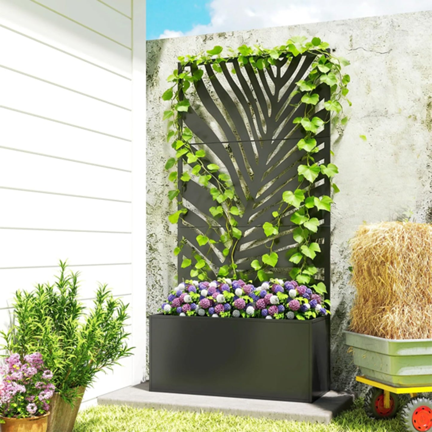 Amgalers Leaf Cutout Privacy Screen Planter Box with Trellis, Metal Raised Garden Bed for Patios, Balconies & Gardens(Large)