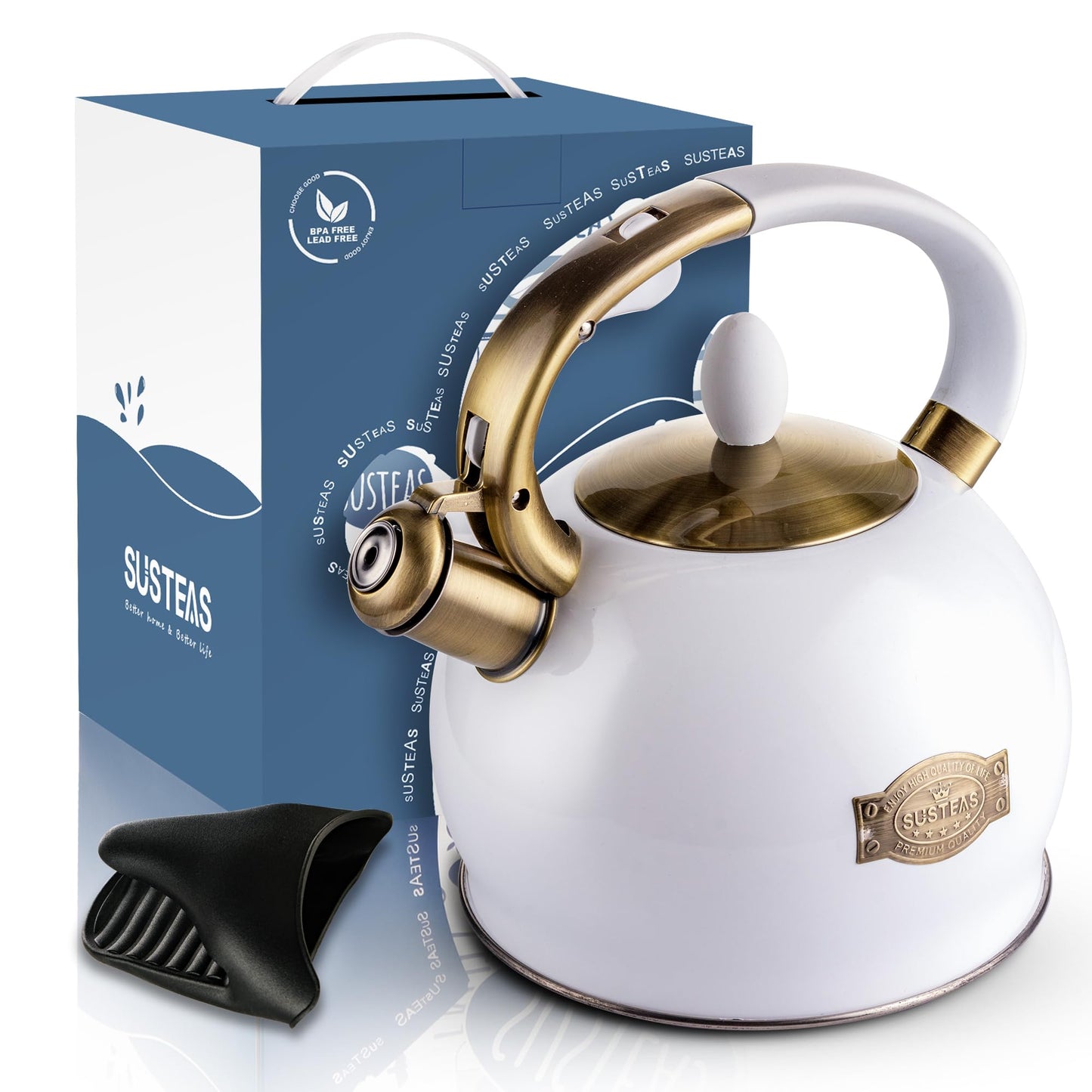 SUSTEAS Stove Top Whistling Tea Kettle - Food Grade Stainless Steel Teakettle Teapot with Cool Touch Ergonomic Handle, With 1 Silicone Pinch Mitt Included, 2.64 Quart(WHITE)