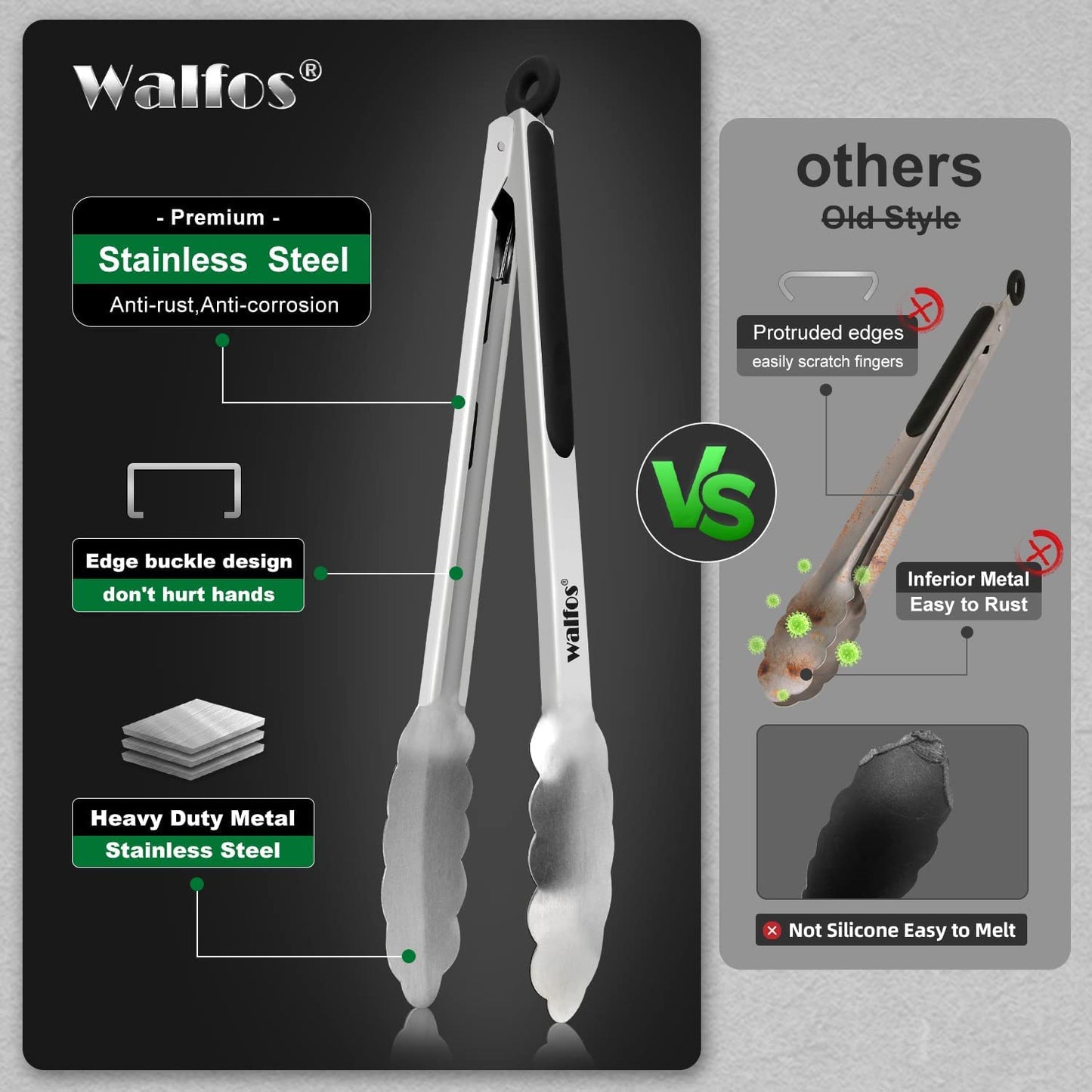 Walfos Stainless Steel Kitchen Tongs for Cooking- 7 ,9 and 12 Inch, Food Grade Metal Tongs for Cooking, BBQ, Set of 3 Heavy Duty Locking Cooking Tongs Non-Slip Grip