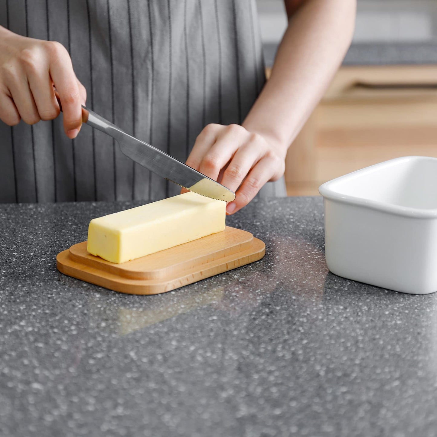 Sweese Butter Dish with Lid, Large Porcelain Keeper with Beech Wooden Lid for Countertop, Perfect for East and West Coast Butter, White