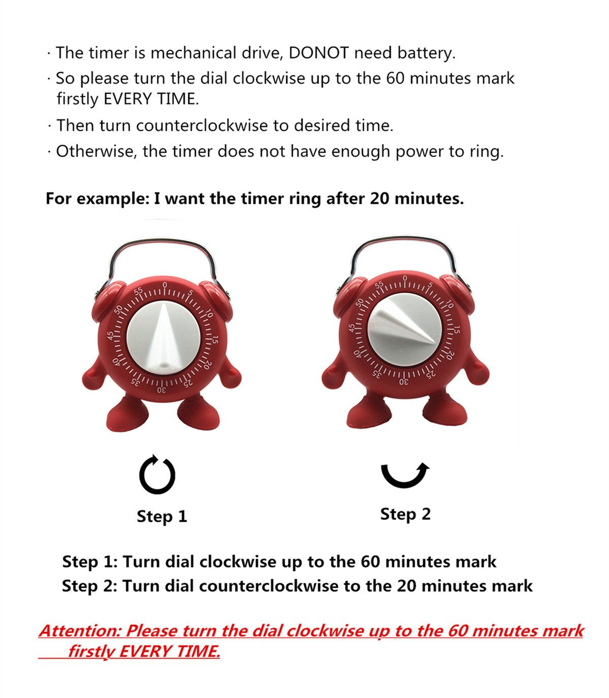 Kitchen Timer, 60 Minutes Countdown Cooking Teaching Egg Potty Training Wind Up Cute Timeout Timer No Battery (Red)