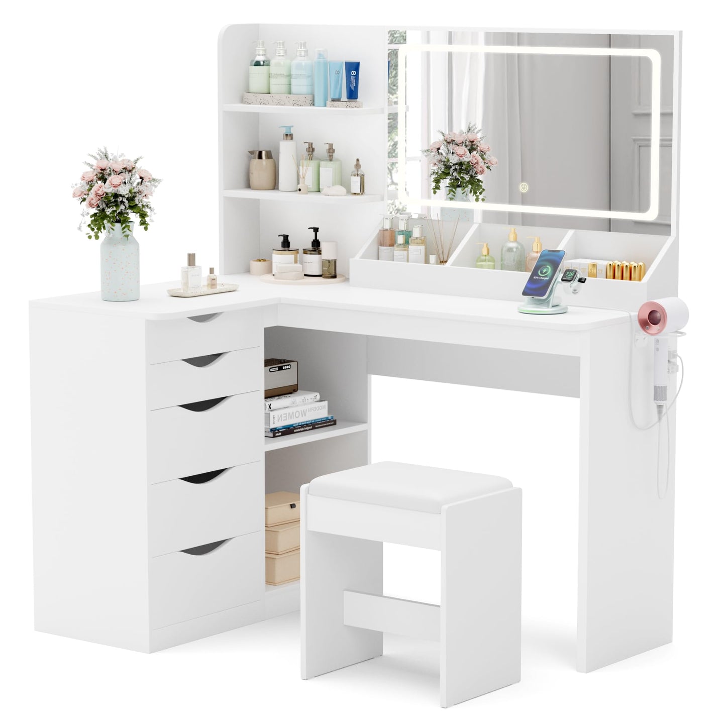 YESHOMY Vanity Desk with Lights and Mirror, L Shaped Makeup Table, Dresser with Hairdryer Holder and Power Outlet, Adjustable 3 Lighting Modes, 5 Drawers and Adjustabled Open Storage Shelves, White