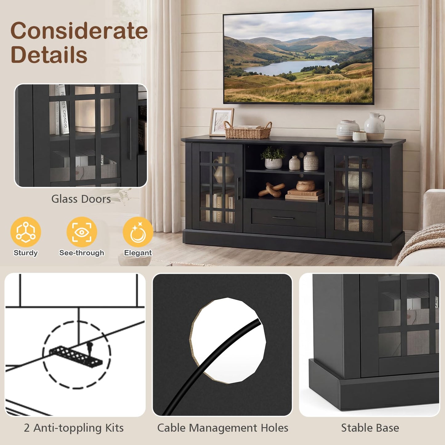 Tangkula Farmhouse TV Stand for TV up to 65 70 Inches, Tall Media Console Table with 2 Glass Storage Cabinets, 1 Drawer & 2 Open Shelves, Wooden Entertainment Center for Living Room (Black)