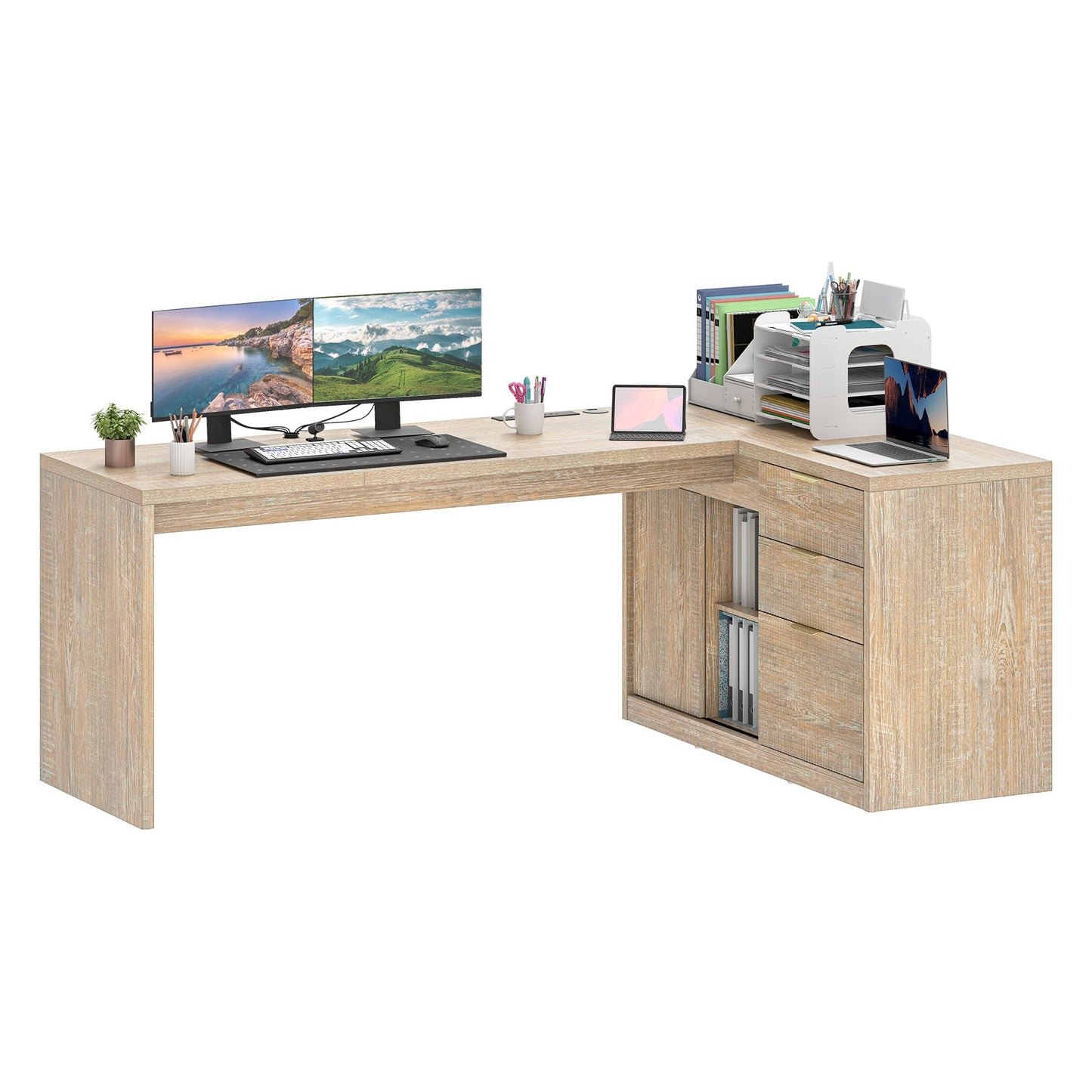 Meowloday 78'' Fluted Executive L Shaped Desk, Modern Home Office Desk with File Drawer and Charging Station, Computer Corner Desks with Storage Cabinet for Office Home, Bedroom, Natural Oak