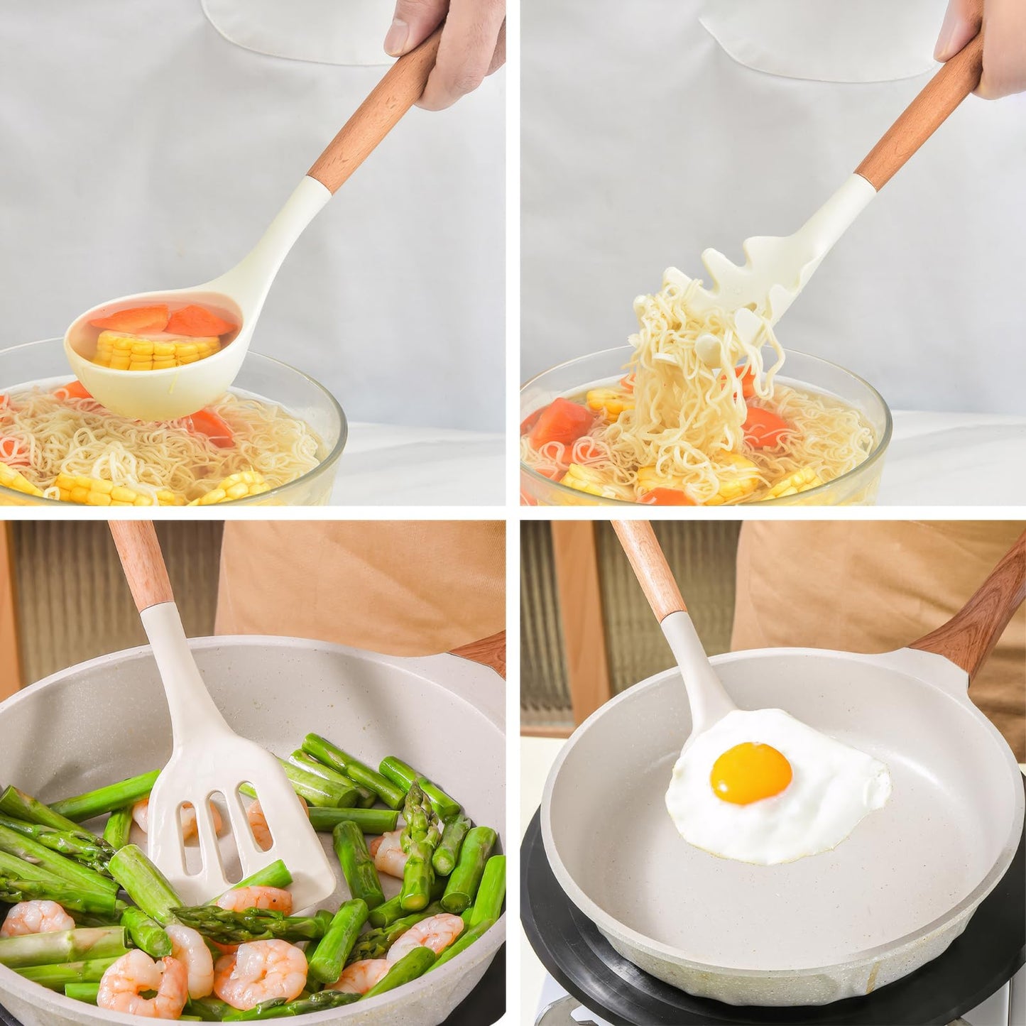 IOCBYHZ Kitchen Cooking Utensils Set 6Pcs Non-Stick Silicone Kitchen Utensils Spatula Spoon Turner Ladle Pasta Server, Heat Resistant Wooden Handle Silicone Cooking Gadgets Sets for Cookware & Baking