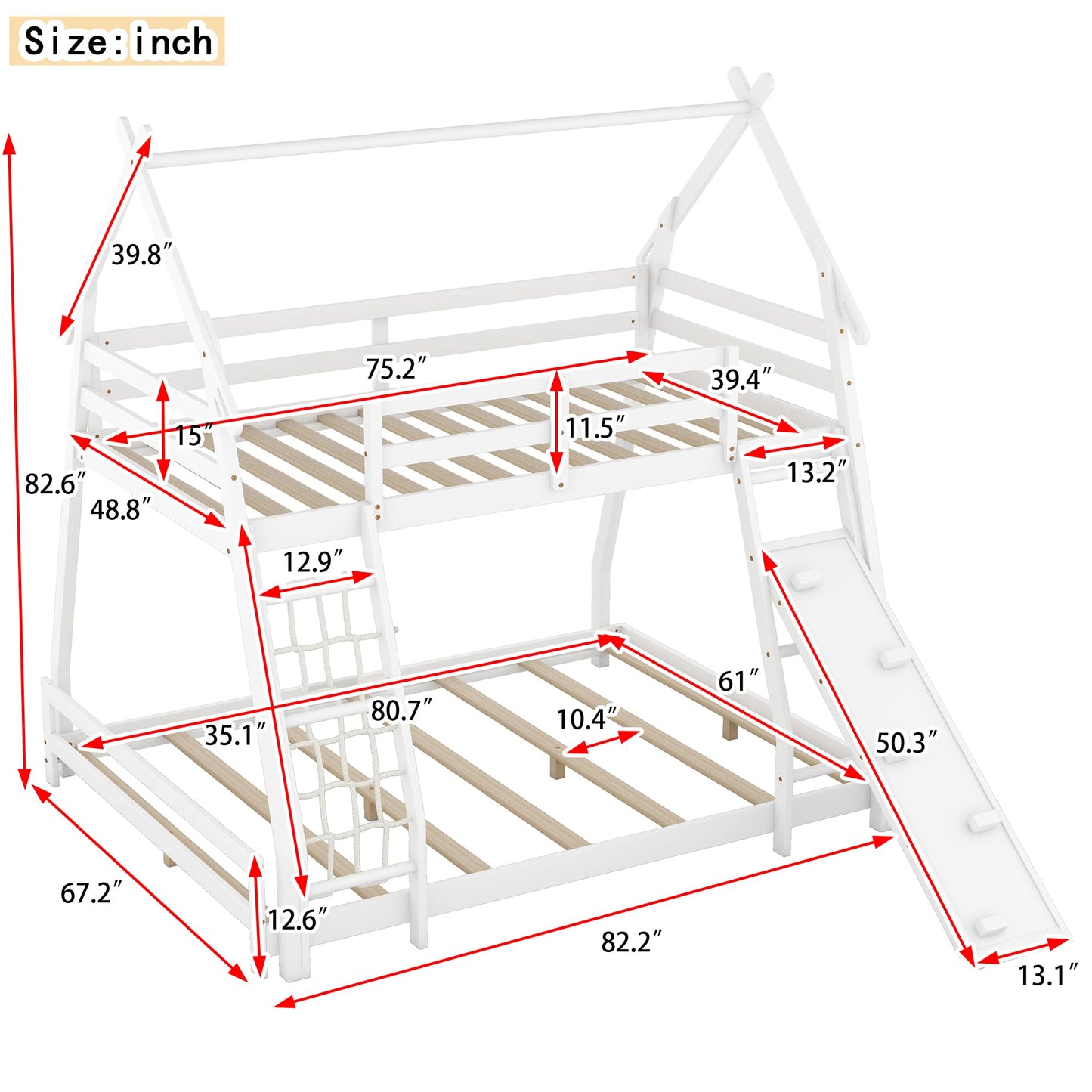 Bellemave Bunk Bed Twin Over Queen with Slides and Stairs, House Bunk Bed with Climbing Nets and Climbing Ramp for Kids, Teens, White