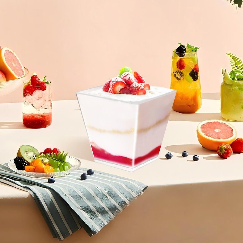 piopiocoing 50 Pack 3.5 oz Clear Plastic Square Dessert Cups with Spoons,Mini Disposable Parfait Cups for Yogurt, Ice Cream and Tasting,Serving Cups for Appetizer,Pudding,Party (3.5 oz)