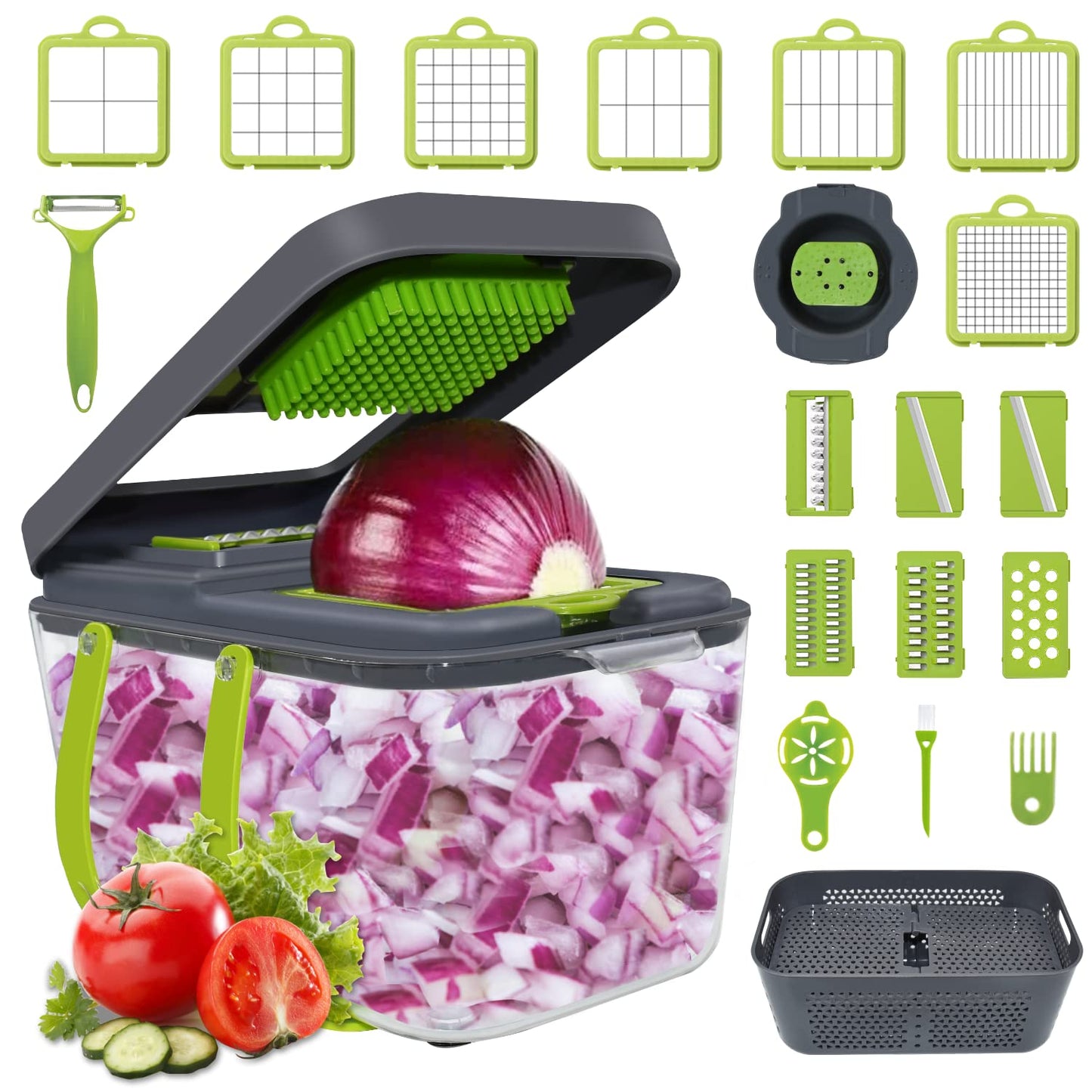 New 2022 Vegetable Dicer Onion Chopper, 22 in 1 Food, Fruits Cutter with 14 Stainless Steel Blades, Adjustable Slicer with Drain Rack Storage Container, Kitchen Gadget
