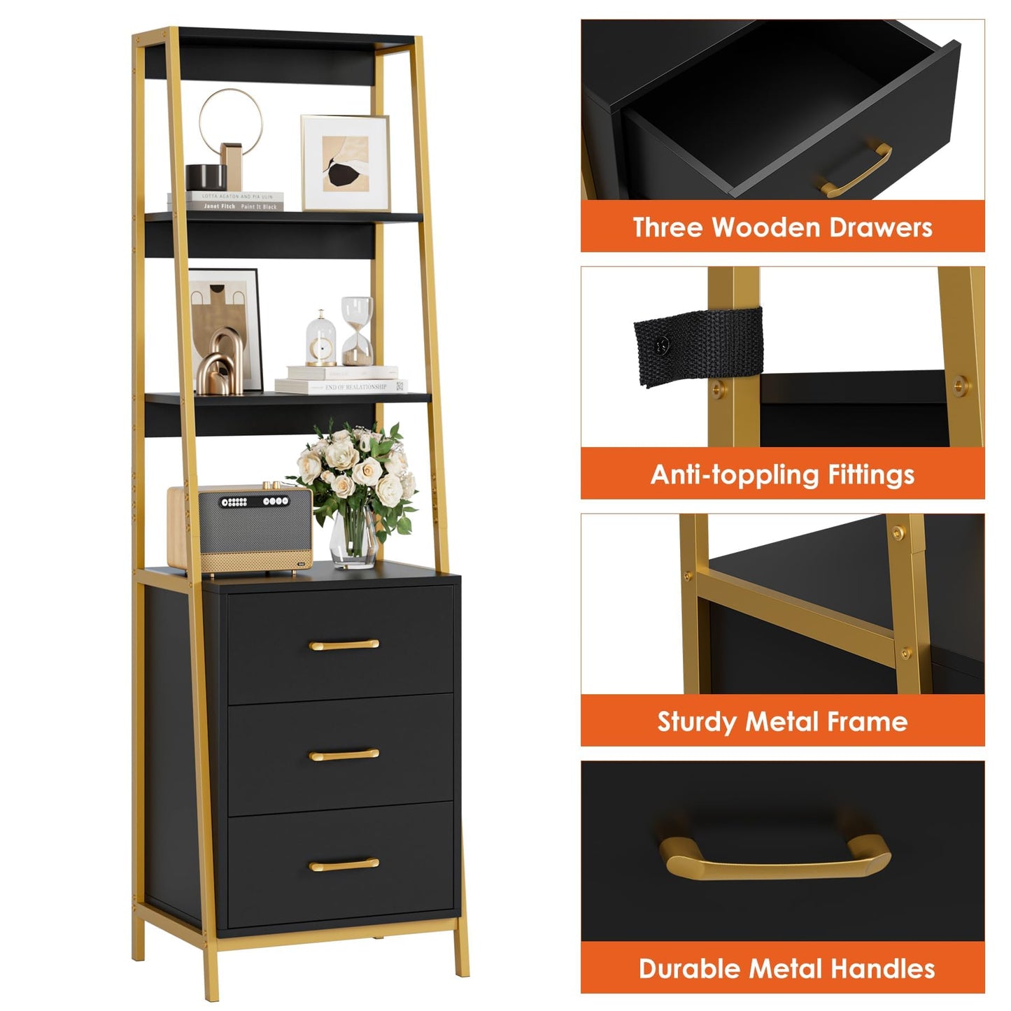 HITHOS 4-Tier Bookshelf, Tall Bookcase with 3 Wooden Drawers, Modern Ladder Book Shlef Storage Organizer for Living Room, Entryway, Office, Black Gold, 2 PCS