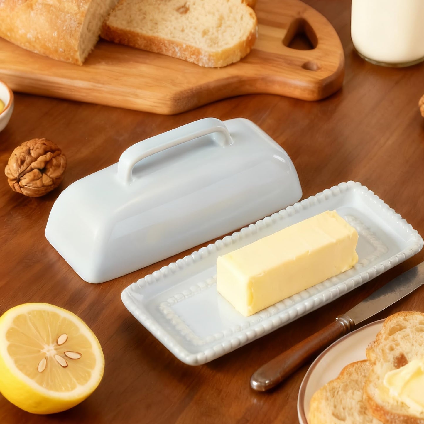 White Ceramic Butter Dish with Lid-Vintage Pearl Embossed Edge & Large Arc Handle-Keeps Butter Fresh on Countertop or in Fridge-Dishwasher & Microwave Safe