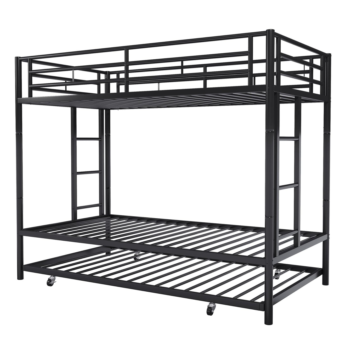 SUNLEI Metal Bunk Beds with Double Secured Ladders, Twin Bunk Bed with Surrounded Safety Guardrails, Space Saver Twin Beds, Noise Free for Small Bedroom, with Trundle Function, Solid Black