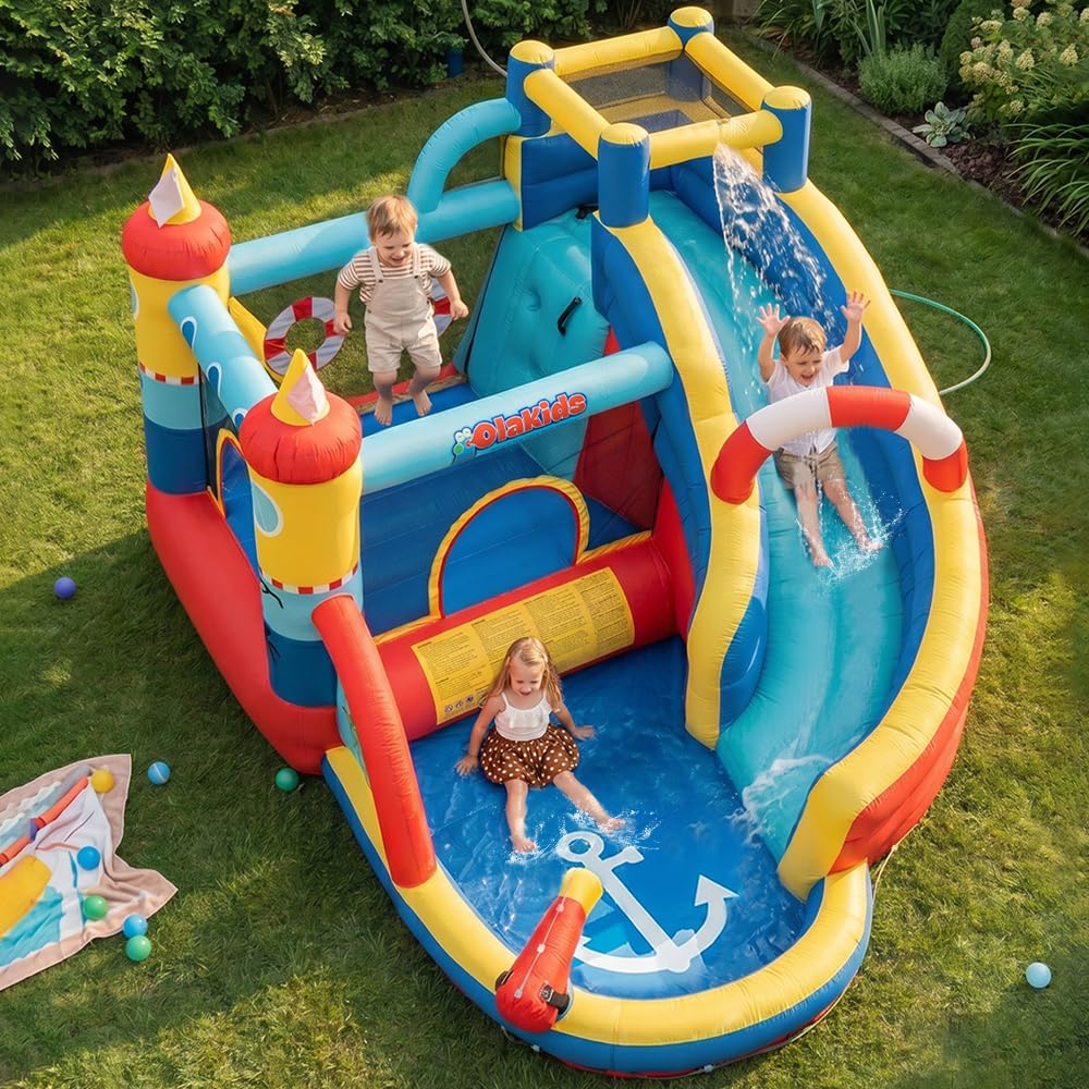 OLAKIDS Inflatable Water Slides, Nautical Themed Bouncy House with Slide, Splash Pool, Climbing Wall, Water Gun, Outdoor Jumping Castle with Hose, Carry Bag, Repairing Kit, Stakes