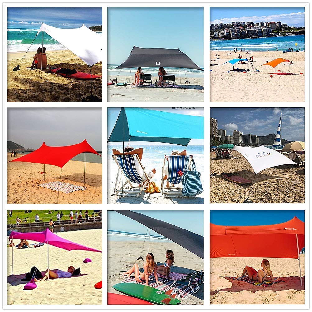 Family Tent UV Protection Beach Tent Instant Cabana Canopy Sunwall Family Sunshade Sun Shade UPF50 Tent with 2 Lightweight Folding Steel Poles 4 Sandbag Anchors Large Portable Rain Camping Tarp
