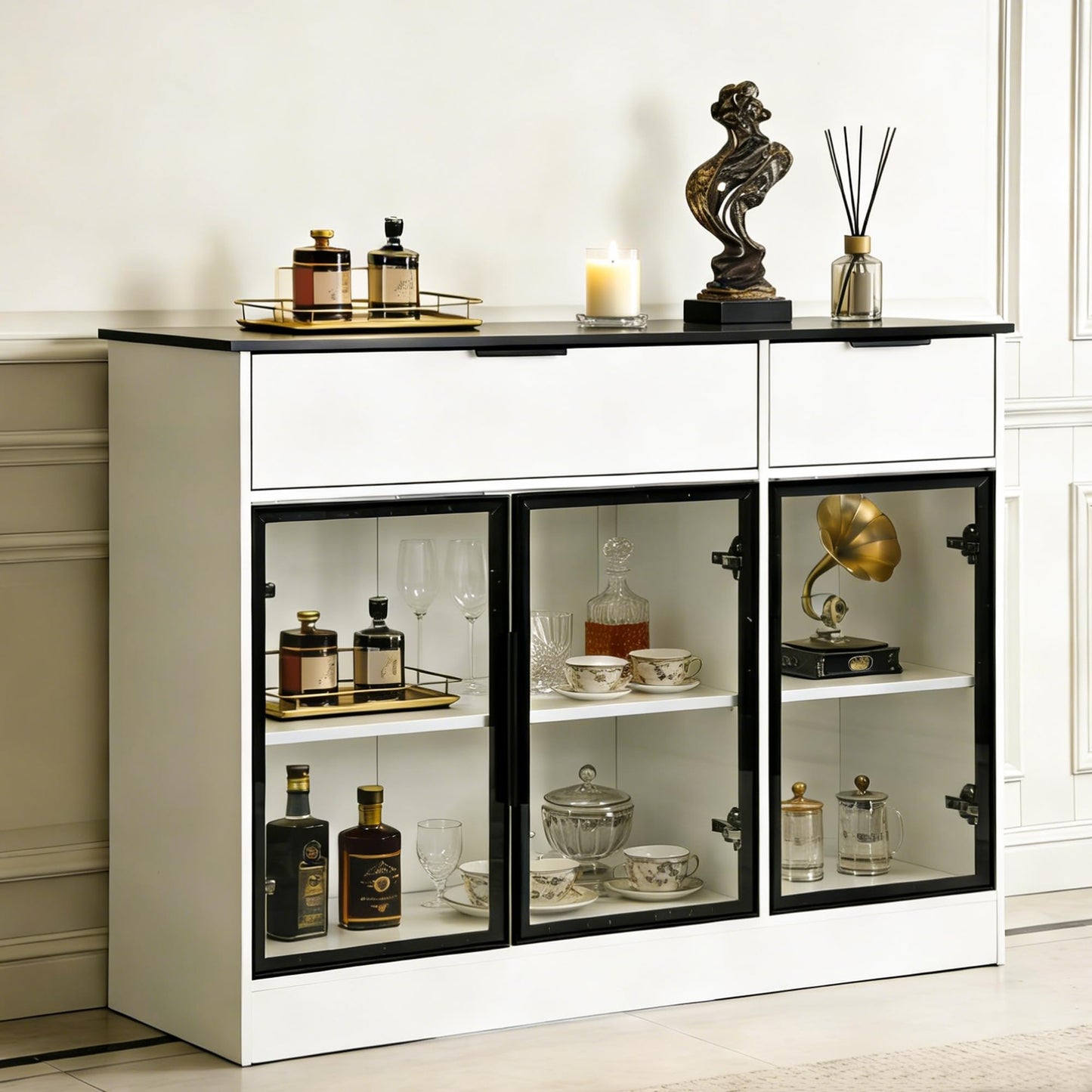 Ntufrest Buffet Cabinet with Drawers, Buffet Storage Cabinet with Transparent Glass Doors, Kitchen Supplies Storage Cabinet, Wooden Coffee Bar Table for Dining Room,Living Room Entrance, White