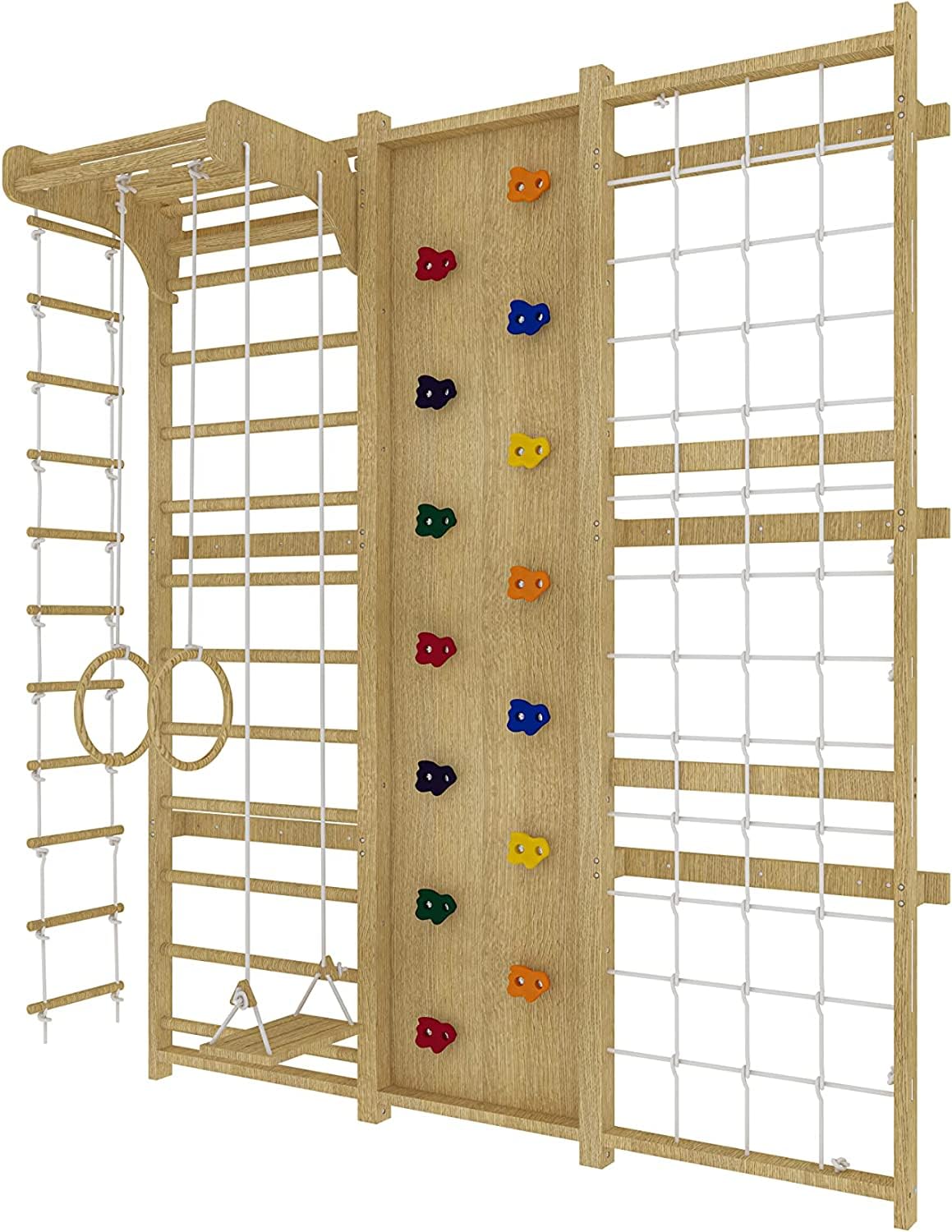 Avenlur Walnut 9-in-1 Swedish Ladder Wall Gym Set - 78.8 Inches - Trapeze Swing, Rope Ladder, Rock Wall, Rope Wall, Rock Ramp Climber, Slide, Pull-up Bar, Ladder and Swing