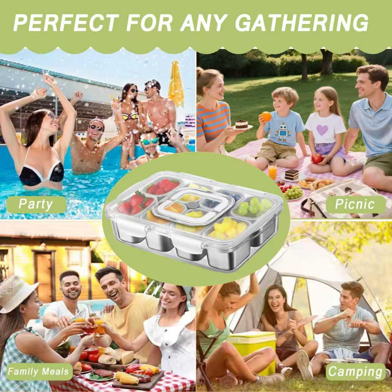 kidinit Snackle Box Container, Stainless Steel Divided Serving Tray with Lid and Handle, Large Snack Tray for Fruit Veggie Candy, 8-Compartment Snack Platter for Travel Party Beach Picnic