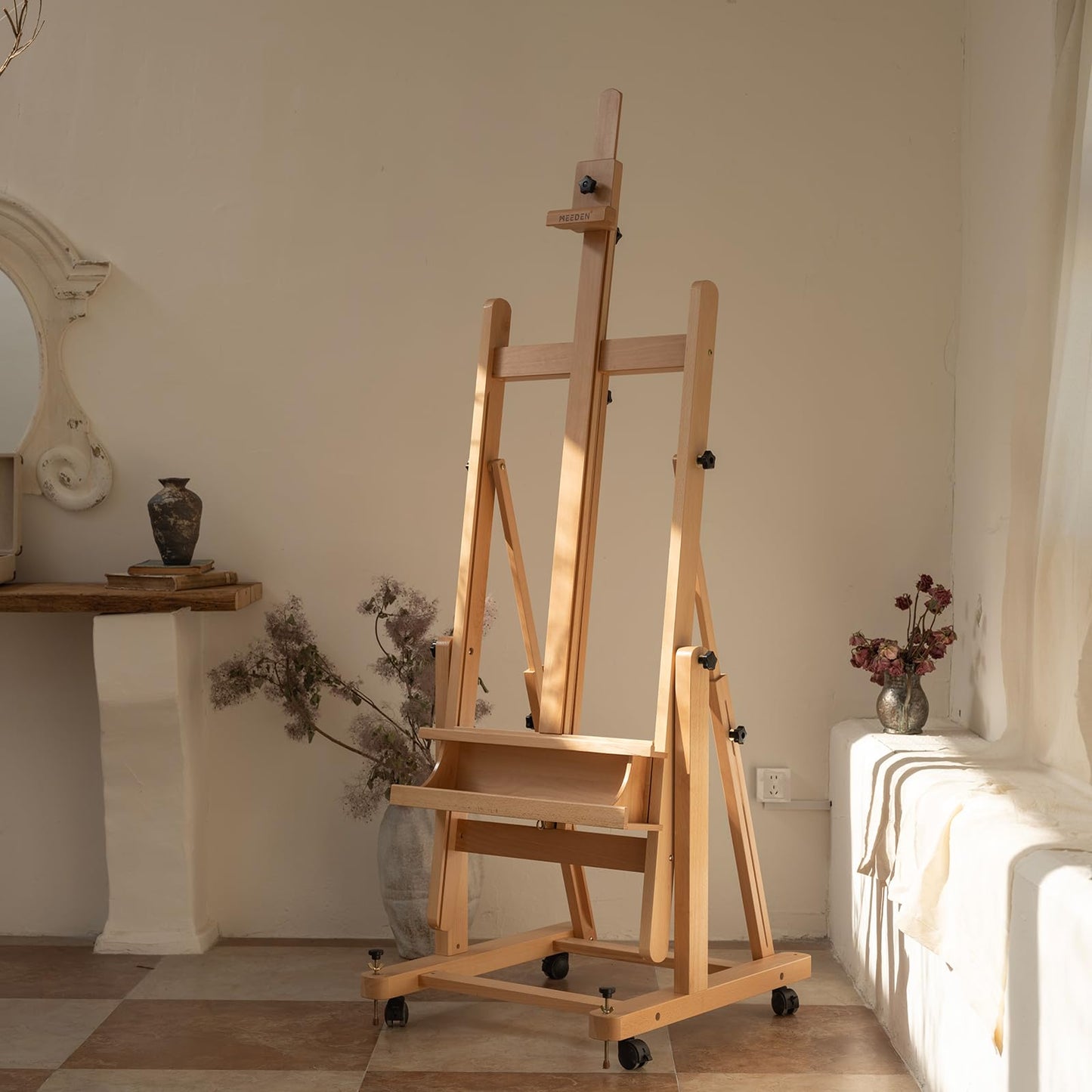 MEEDEN Enlarged Heavy-Duty H-Frame Easel: Artist Solid Beech Wooden Studio Easel - Professional Painting Art Easel Stand with 4 Lockable Wheels & Leveling Bolts - Hold Canvas up to 86" H