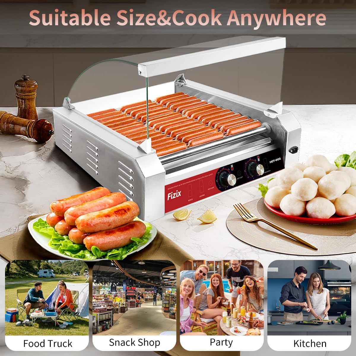 1670W Hot Dog Roller Grill with 11 Rollers, 30 Hot Dog Capacity, Dual Temp Control, Stainless Steel, Dust Cover, LED Light,Commercial & Home Use (Red-Black)