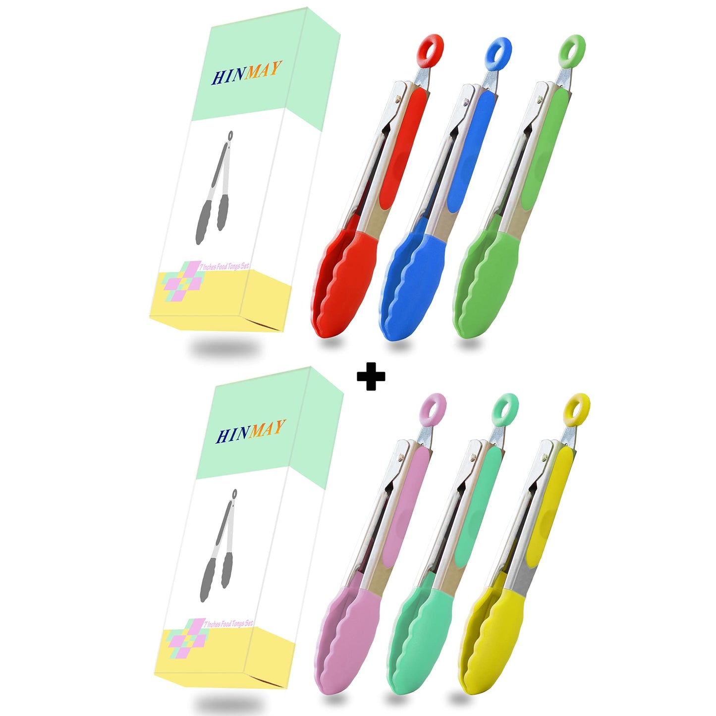 HINMAY Small Tongs Set 7-Inch Mini Tongs with Silicone Tips, Set of 6 (Red Blue Green Pink Mint Yellow)