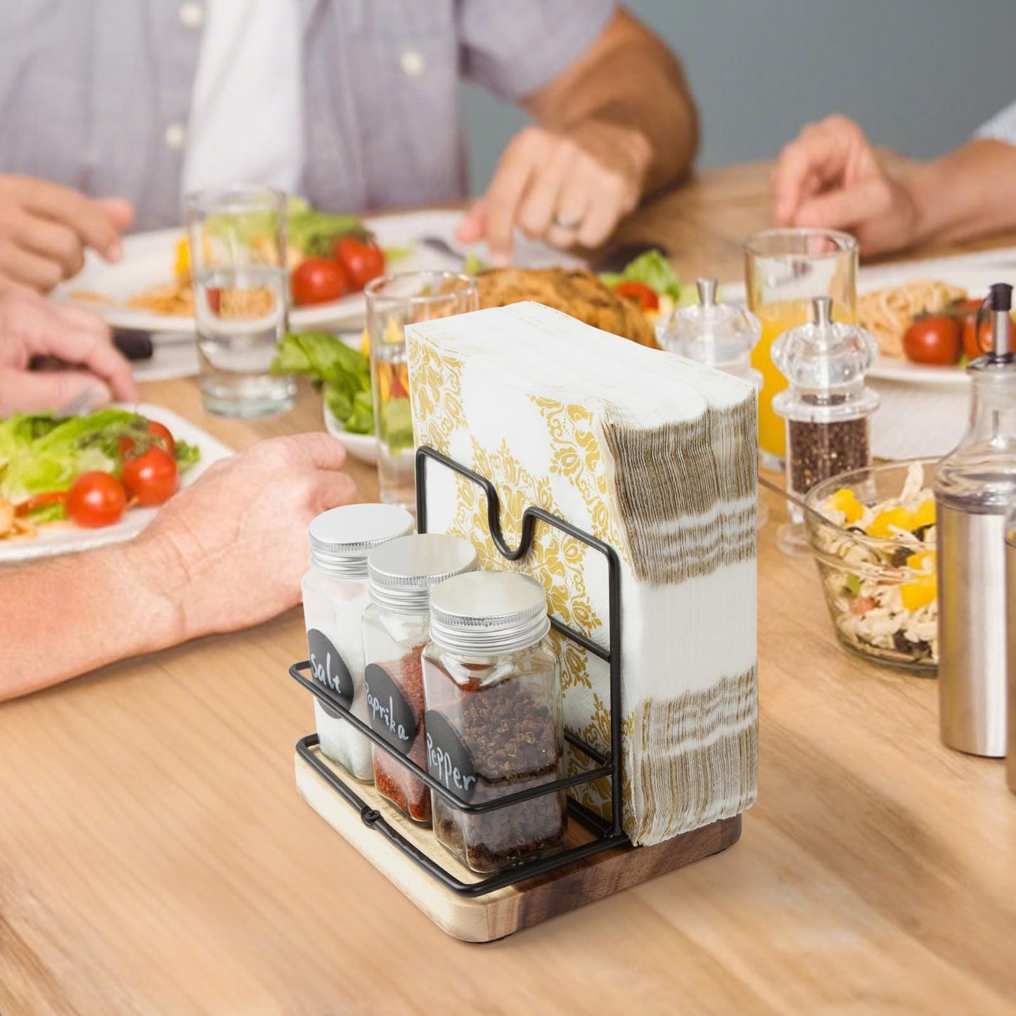 Wood Napkin Holder for Paper Napkin with Salt and Pepper Sharkers for Kitchen Dinner Table Counter Rustic Uplight Napkin Holder Disepenser for Restaurtant and Home Dinning.(Includ 3 Spice Bottles)