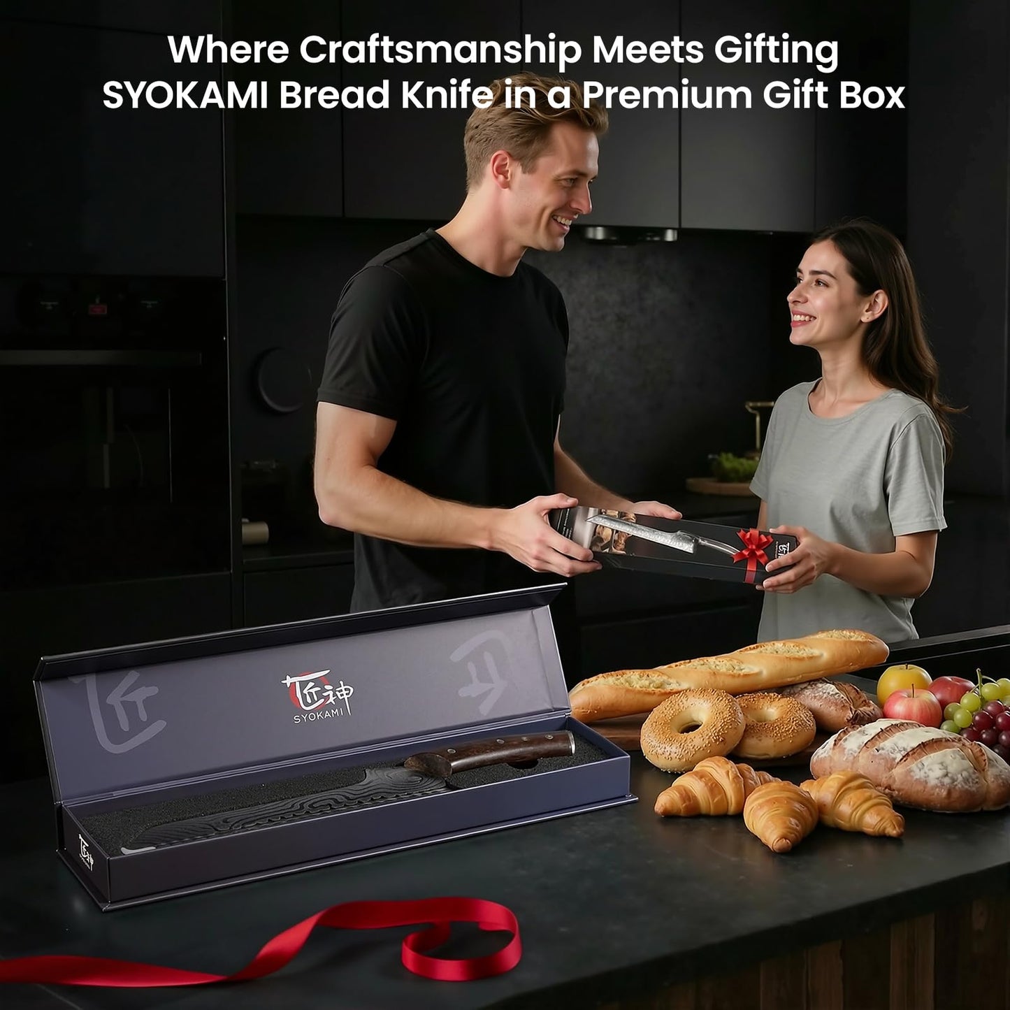 SYOKAMI 2026 New Upgraded Offset Bread Knife for Homemade Bread, 10.5 Inch Resharpenable Serrated Knife, Ultra-Sharp Sourdough Slicing, Perfect Kitchen Gift, Designed for Cutting Cakes, Fruits & Meat