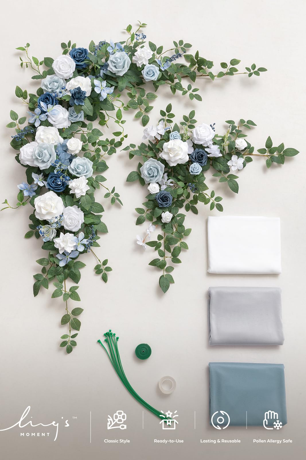 Ling's moment Artificial Wedding Arch Flowers with Drapes Kit-Pack of 5, 2pcs Flower Arrangements 3pcs Hanging Sheer Drapes Sage Ceremony Arbor Backdrop Rose Floral Decorations, Dusty Blue